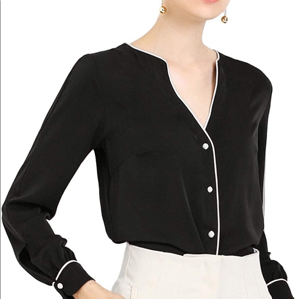 Allegra K | Size L Plunging V Neck Button Down Contrast Chiffon Shirt